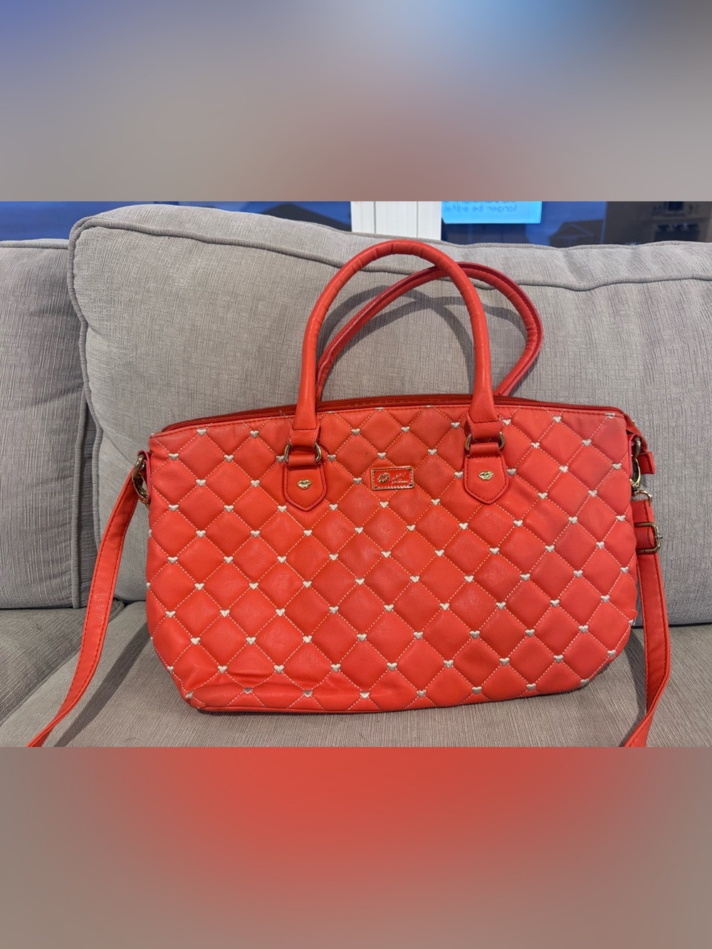 Coral Quilted Y2K Betsey Johnson Tote Bag with Heart and Lip Accents